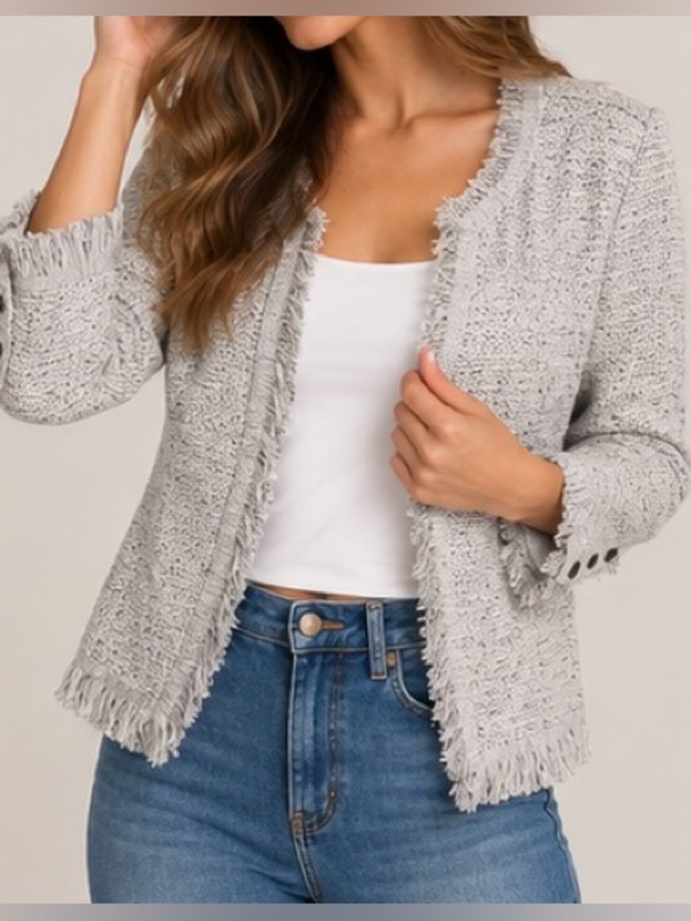 NWT NIC+ZOE Fringe Mix Knit Jacket Sugar Cookie Gray M